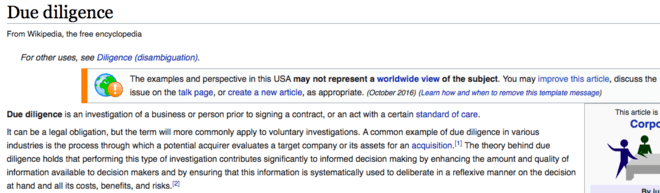 Wikipedia article about Due Diligence