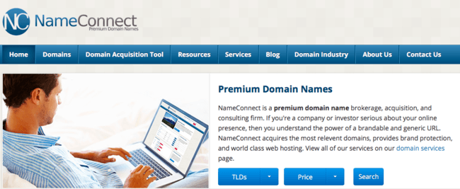 Homepage image of Name Connect premium domain name brokerage firm talking about their services.