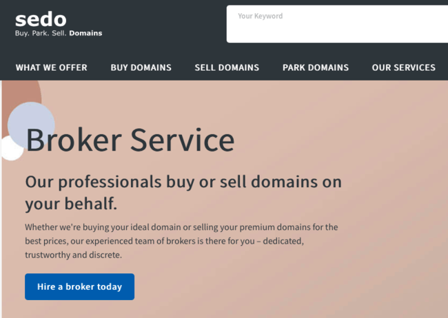 Internal webpage image of Sedo.com's broker service page