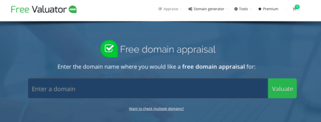 Snapshot of Free Valuator.Com's Domain Appraisal Homepage