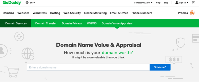 Snapshot of GoDaddy's Domain Name Value Model Homepage