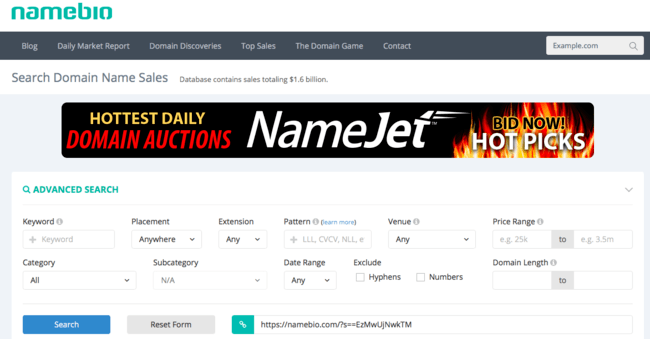 Snapshot of Namebio's Domain Comparable Tool webpage