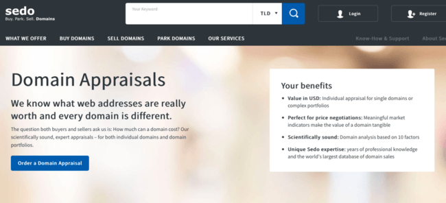 Snapshot of Sedo's Domain Appraisal website