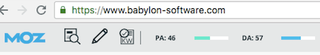 Moz Domain Authority 46 and Page Authority 57 for Babylon-Software.com.