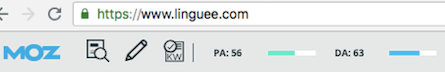 Moz Domain Authority 56 and Page Authority 63 for Linguee.com.