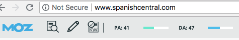 Moz Domain Authority 47 and Page Authority 41 for Spanish Central.