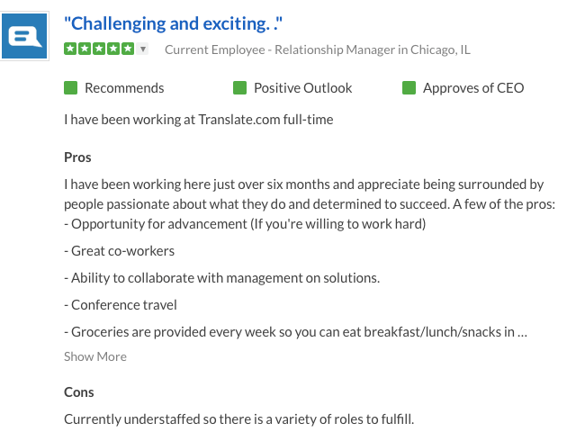 Glassdoor employee review for Translate.com.