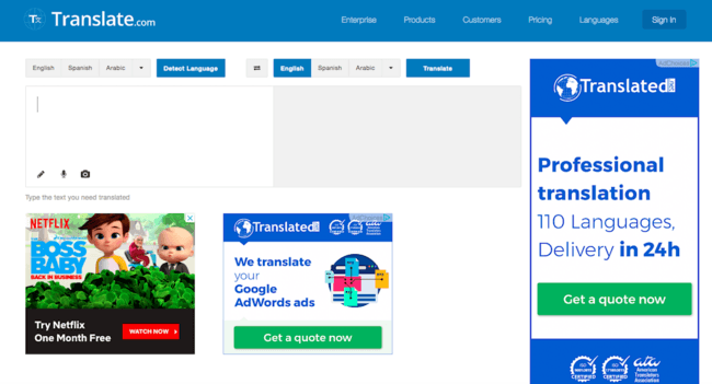 Homepage for Translate.com with adsense ads showing in the image.