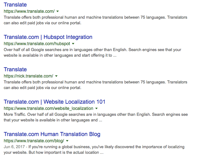 Google title and meta description for Translate.com search engine results.