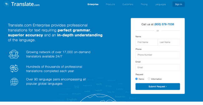 Snapshot of Translate.com's Enterprise webpage.