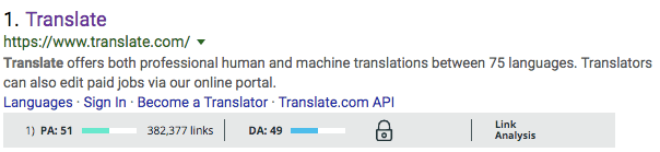 Moz Domain Authority 51 and Page Authority 49 for Translate.com.