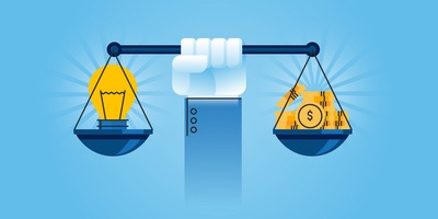 Light bulb and coins on the scale/balance domain name liquid value concept. Domain Investing strategy.