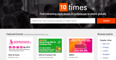 10 Times homepage. Find trade shows and conference concept. White and black background, displayed with trade show icons.