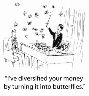 Cartoon illustration of a lady with a wand diversifying money into butterflies. Diversify domain portfolio concept.