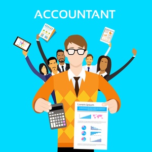 Vector illustration of an accountant with a team of accountants in the background. Concept for consulting an accountant for a domainer’s business.