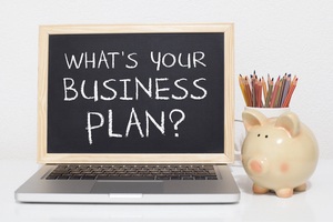 Laptop with the phrase “What’s Your Business Plan” displayed on the laptop screen. Next to the screen is a pig cupholder with pencils inside the cupholder. Domaining business plan concept.