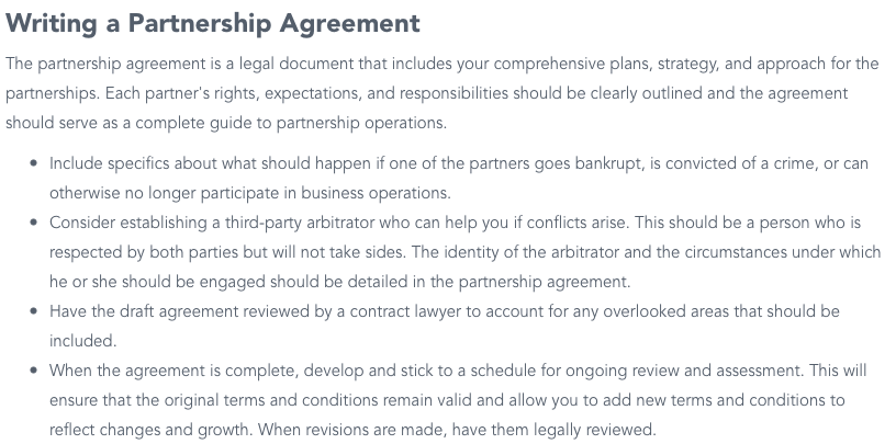 Information on what to include in your partnership contract.