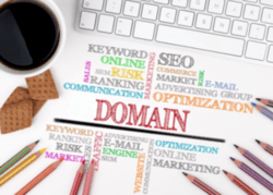 Domain name and SEO word cloud. Picking the right domain name concept.