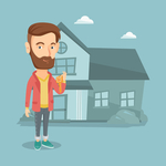 Smiling male homeowner with keys standing in the background of his house. Buyer persona concept. Vector Image.