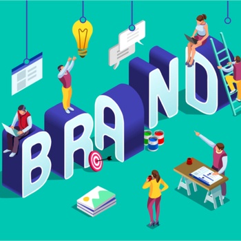 Employees working on branding design. Brand vector text. Flat isometric illustration isolated on teal background. Multiple Domain Names concept for branding purposes.