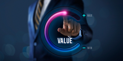 Businessman is pulling up a circular progress bar with the word "Value" on it. He wants to emphasize that even small changes can have dramatic impacts in terms of qualifying potential buyers to purchase domain names.