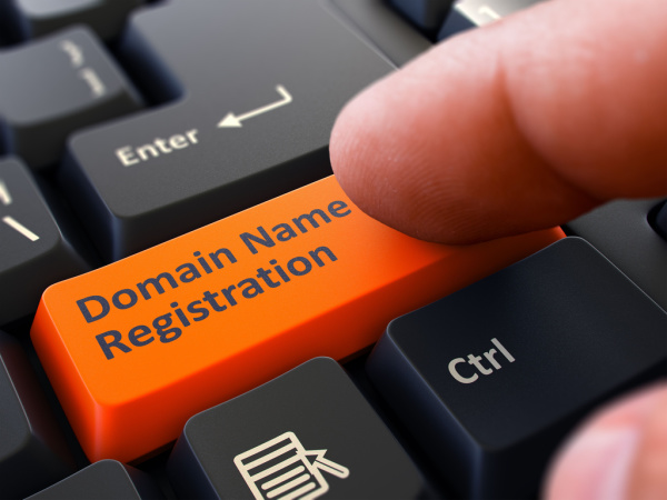 The phrase "Domain Name Registration" is displayed on an orange laptop button.