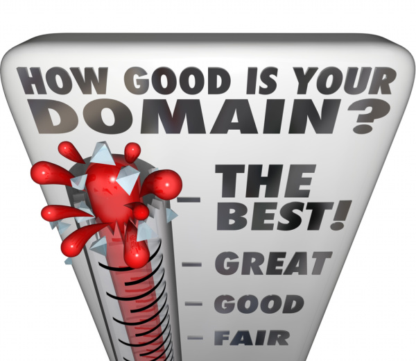 A temperature indicator stating "How Good is Your Domain" is bursting through the highest quality score on the device. Common Domain Name Questions, concept.