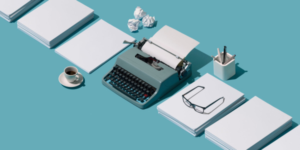 An old-fashioned typewriter's header and stacks of blank paper. Writer and blogger concept, depicted in isometric form.