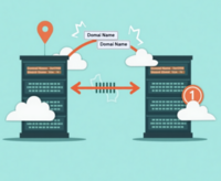 An illustration of domain transfer shows the process of changing domain names. Two servers or cloud symbols connect with arrows to represent the transfer of a domain from one registrar to another. Domain name text floats between the servers, while a progress bar and a symbolic key pass between them. The image uses blues and greens to convey trust and security during the domain name change.