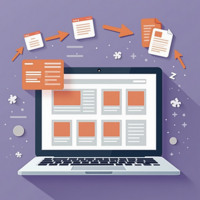 This visual representation illustrates website migration while changing domain names. A laptop or computer screen displays a simplified website layout featuring arrows or a progress bar moving from one domain name to another. Transferring file folders, data packets, and code snippets depicts migration. The image employs oranges and purples to convey transformation and progress in the transition between domain names.